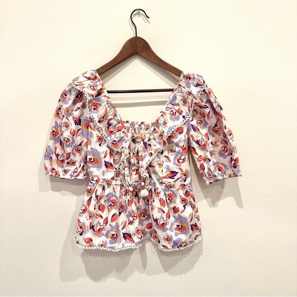 Maeve by Anthropologie Cottagecore Floral Peplum Blouse with Tassels - Picture 3 of 15